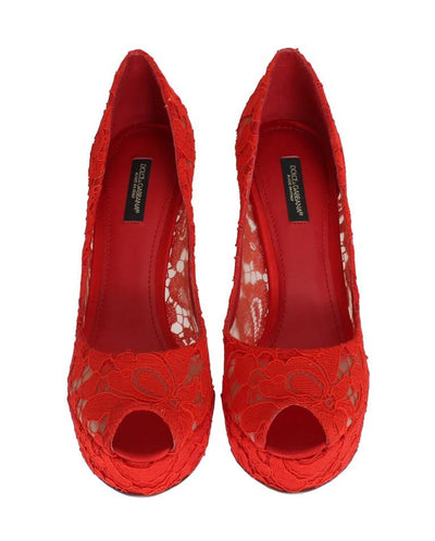 Red Floral Lace Platform Pumps
