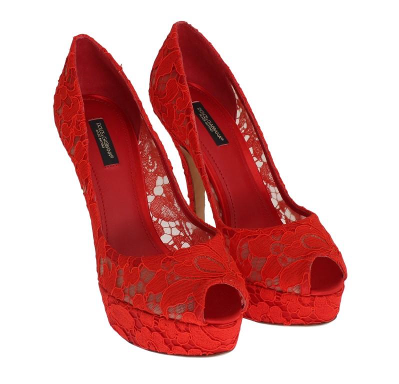 Red Floral Lace Platform Pumps