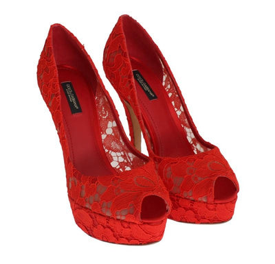 Red Floral Lace Platform Pumps