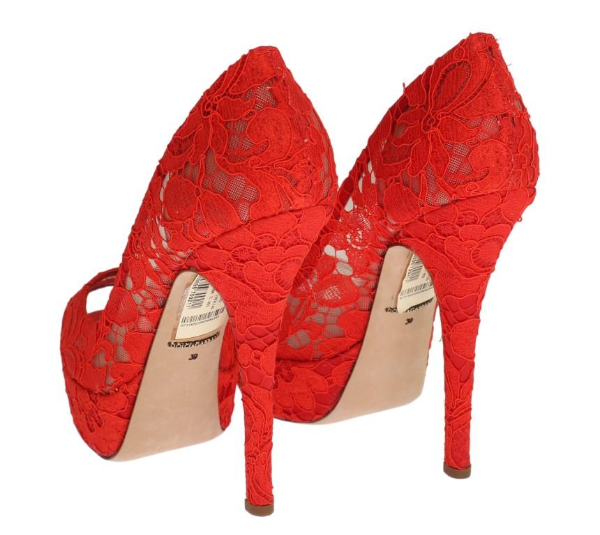 Red Floral Lace Platform Pumps