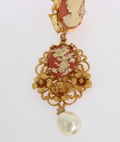 Gold CAMMEO Resin Floral Dangling Clip On Earrings
