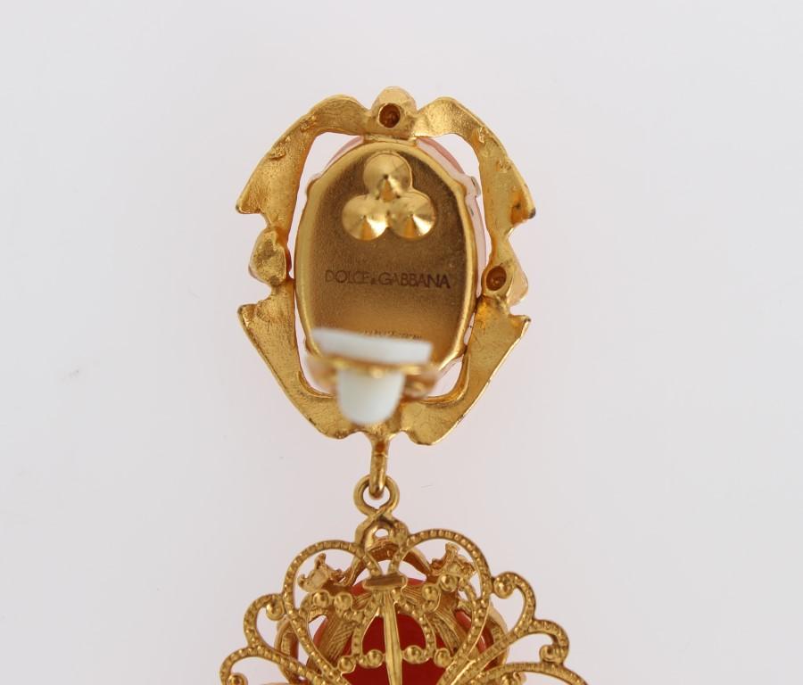 Gold CAMMEO Resin Floral Dangling Clip On Earrings
