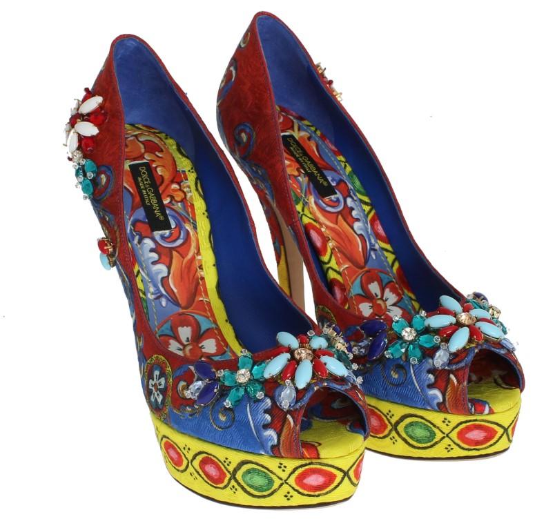 Multicolor Carretto Brocade Crystal Platform Pumps