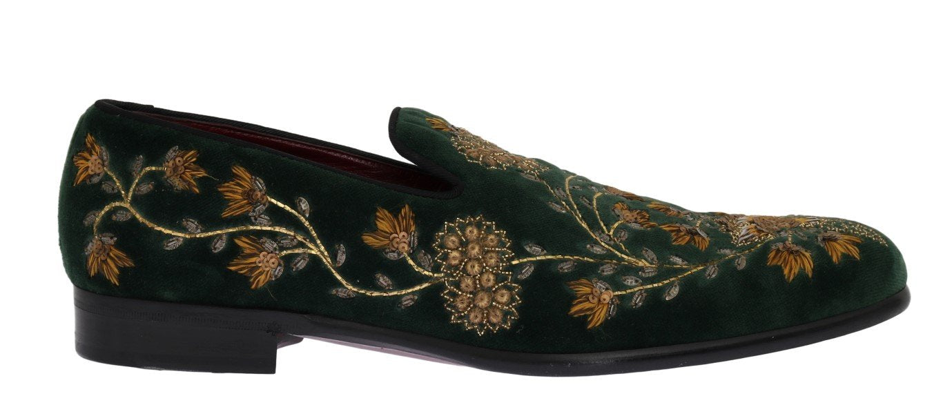 Green Velvet Gold Floral Loafers