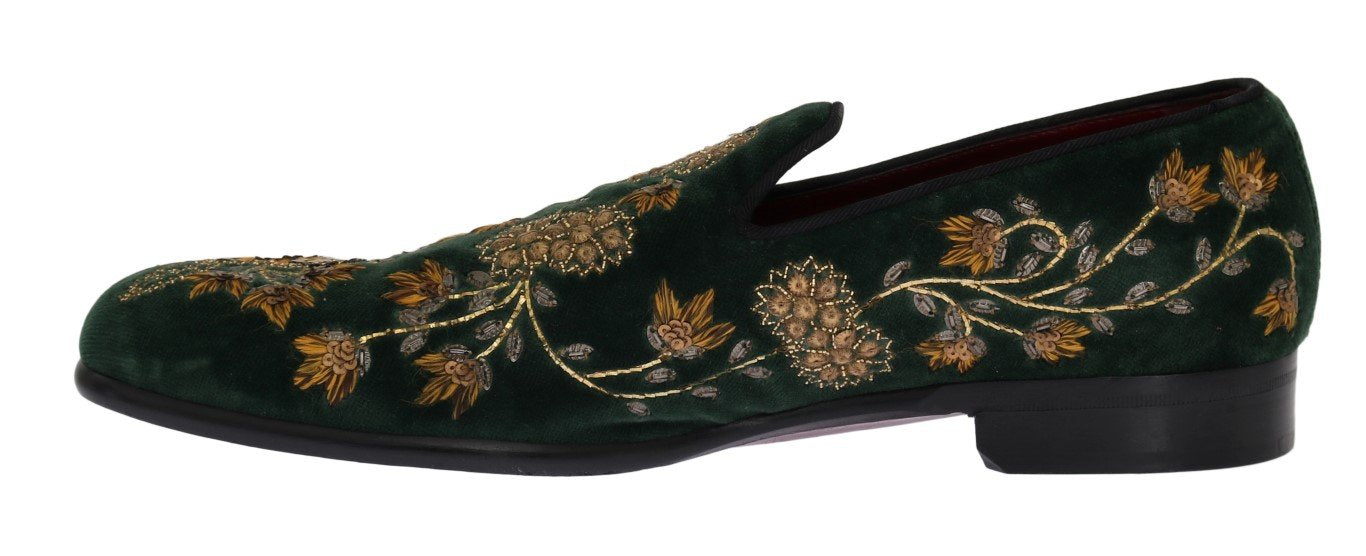 Green Velvet Gold Floral Loafers