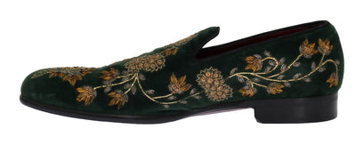 Green Velvet Gold Floral Loafers