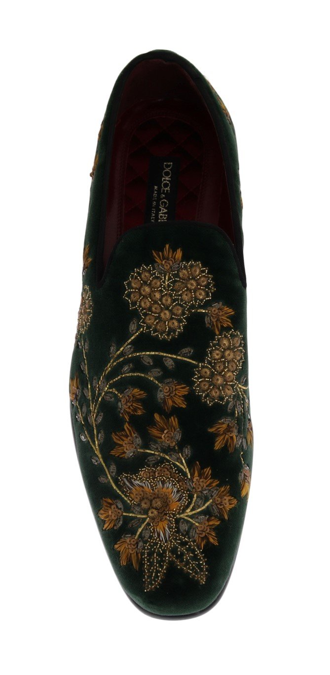 Green Velvet Gold Floral Loafers