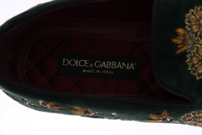 Green Velvet Gold Floral Loafers