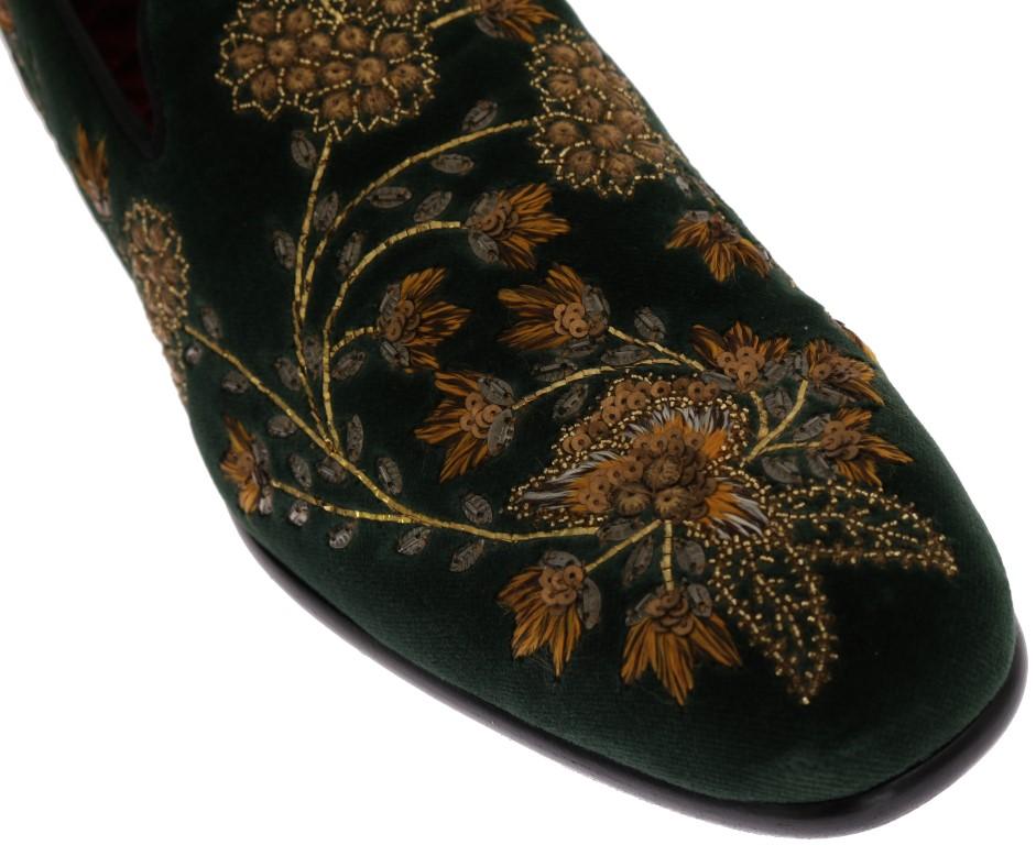 Green Velvet Gold Floral Loafers