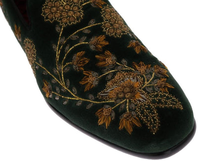 Green Velvet Gold Floral Loafers