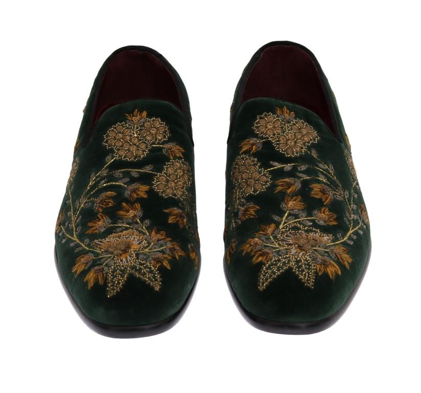 Green Velvet Gold Floral Loafers