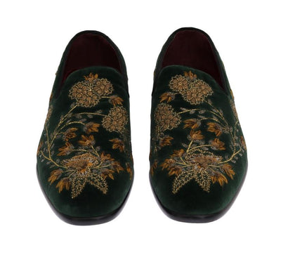 Green Velvet Gold Floral Loafers