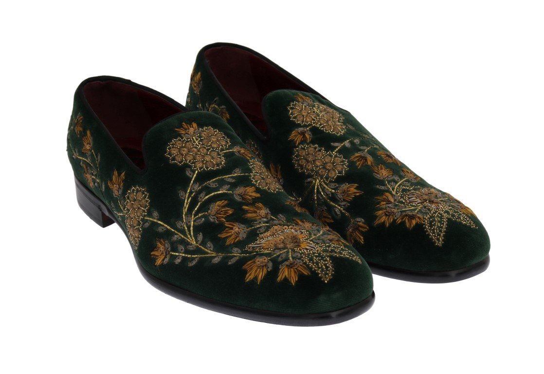 Green Velvet Gold Floral Loafers