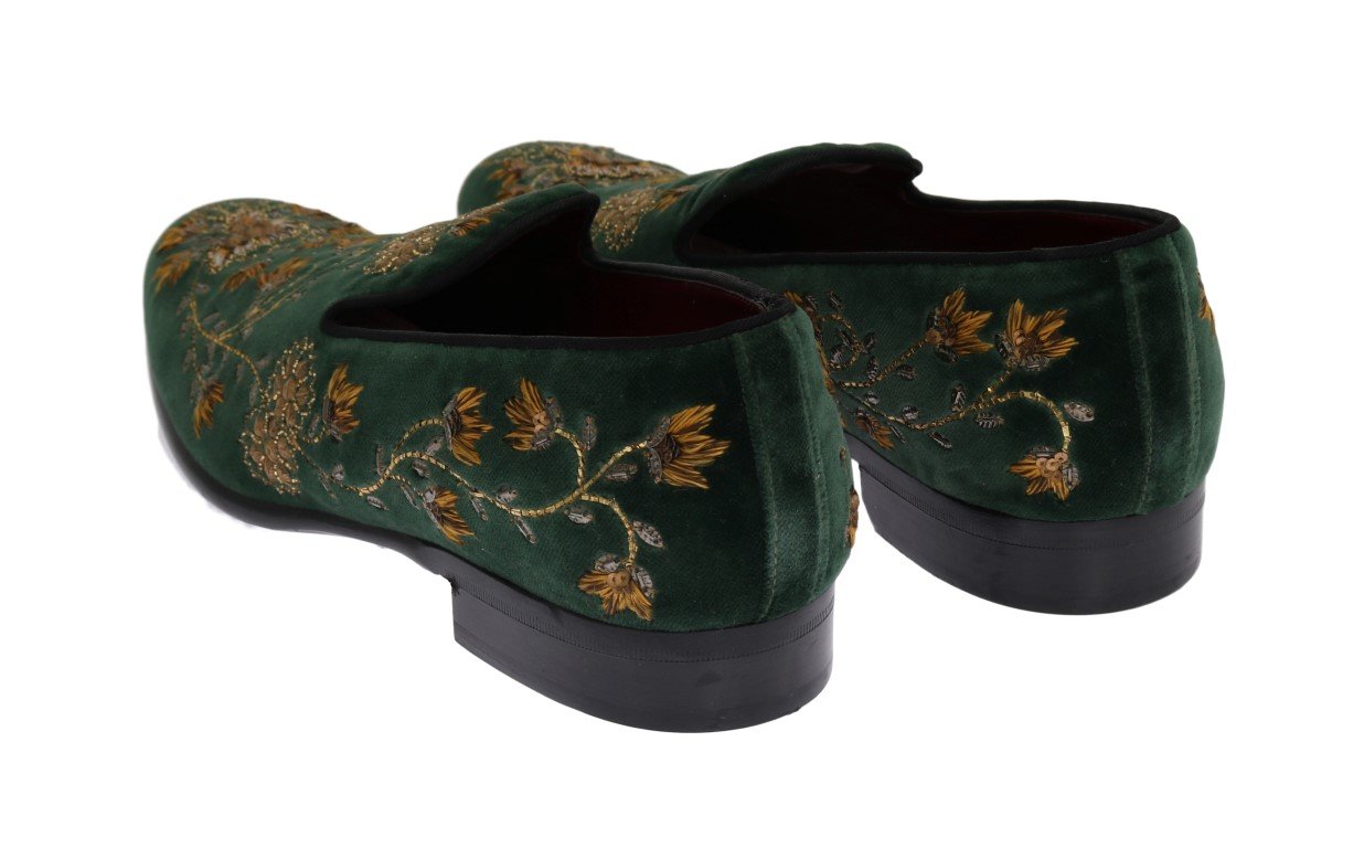 Green Velvet Gold Floral Loafers