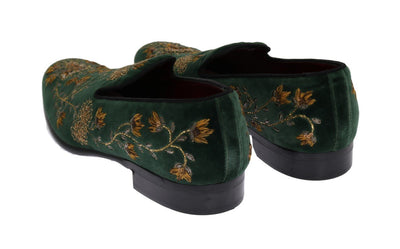 Green Velvet Gold Floral Loafers
