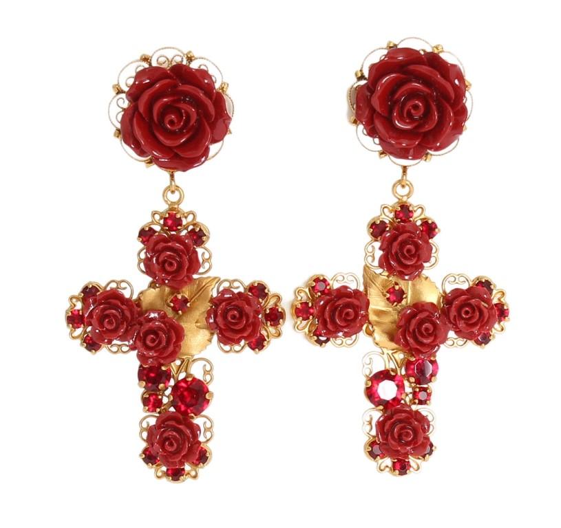 Gold Brass Red Roses Cross Clip On Earrings