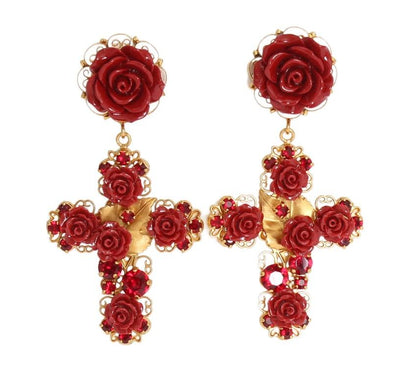 Gold Brass Red Roses Cross Clip On Earrings