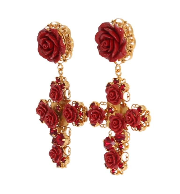 Gold Brass Red Roses Cross Clip On Earrings