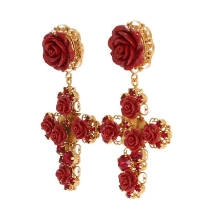 Gold Brass Red Roses Cross Clip On Earrings