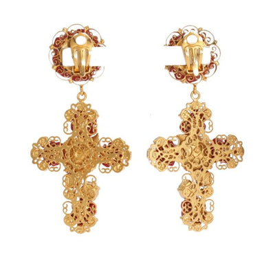 Gold Brass Red Roses Cross Clip On Earrings
