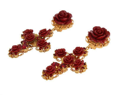 Gold Brass Red Roses Cross Clip On Earrings