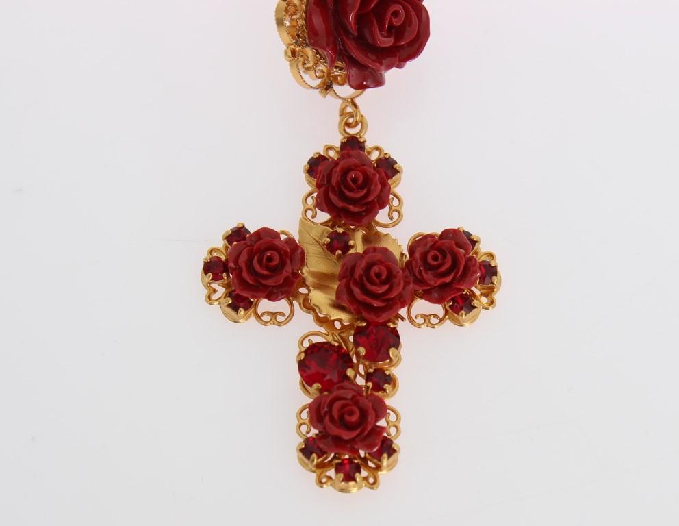 Gold Brass Red Roses Cross Clip On Earrings