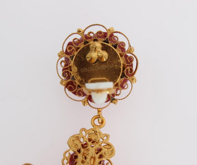 Gold Brass Red Roses Cross Clip On Earrings