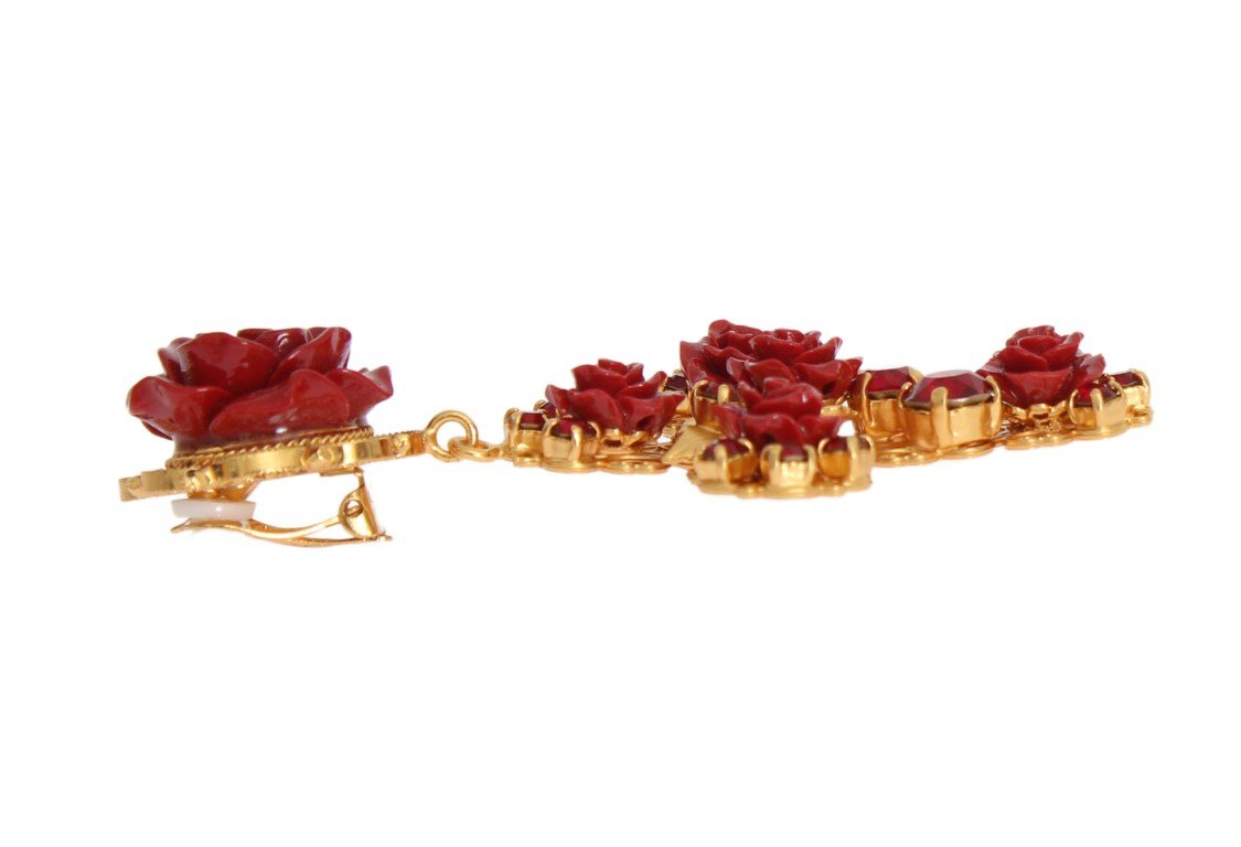 Gold Brass Red Roses Cross Clip On Earrings