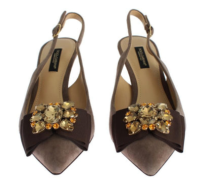 Brown Suede Leather Crystal Slingbacks Shoes