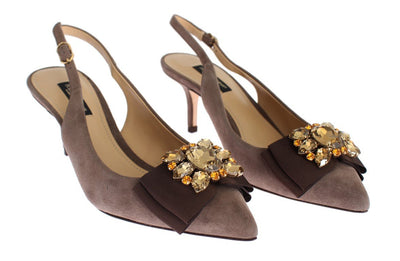 Brown Suede Leather Crystal Slingbacks Shoes