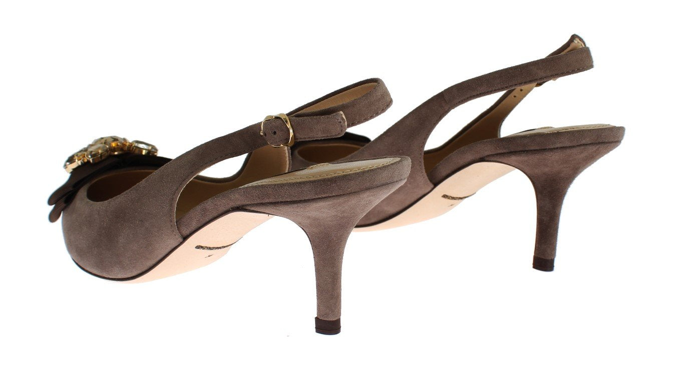 Brown Suede Leather Crystal Slingbacks Shoes