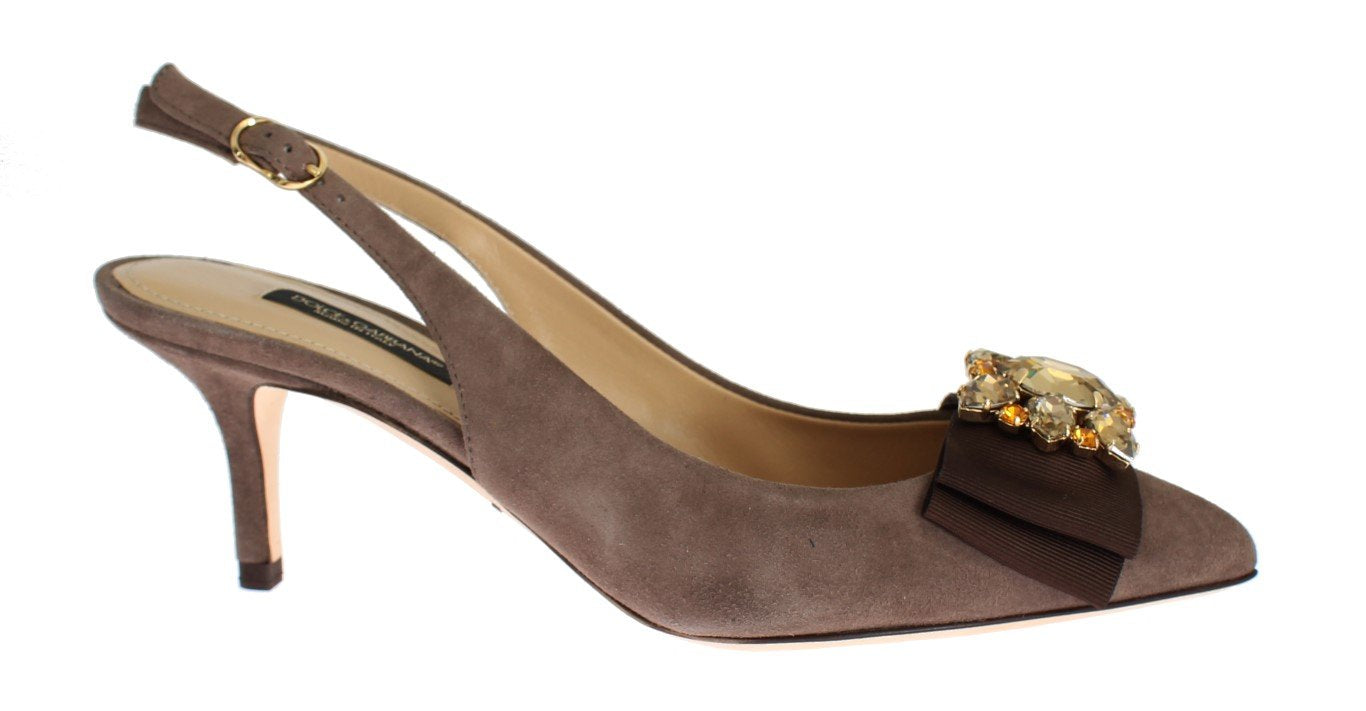Brown Suede Leather Crystal Slingbacks Shoes