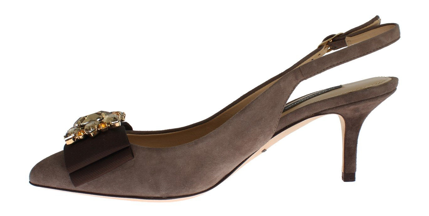 Brown Suede Leather Crystal Slingbacks Shoes