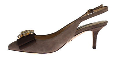 Brown Suede Leather Crystal Slingbacks Shoes