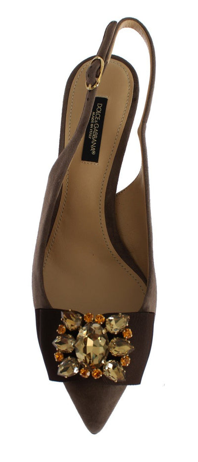 Brown Suede Leather Crystal Slingbacks Shoes