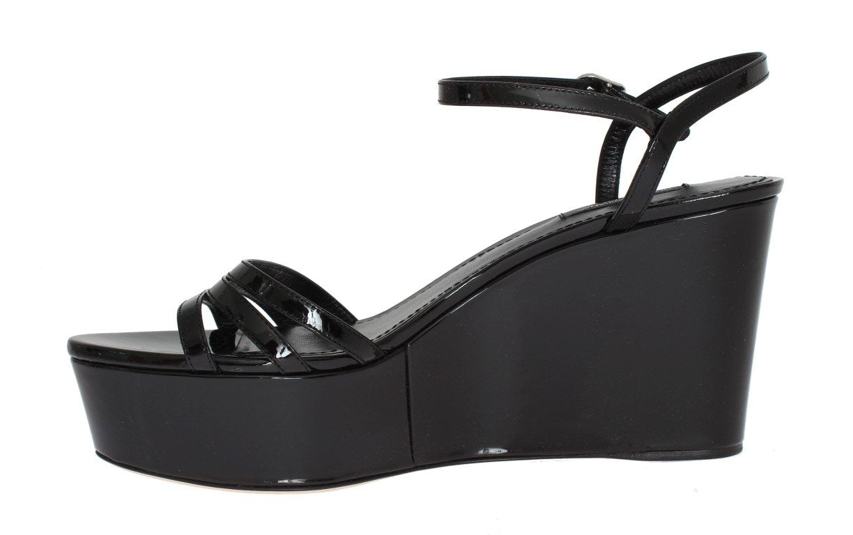 Black Leather Wedges Platform Sandals