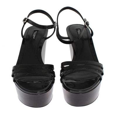 Black Leather Wedges Platform Sandals