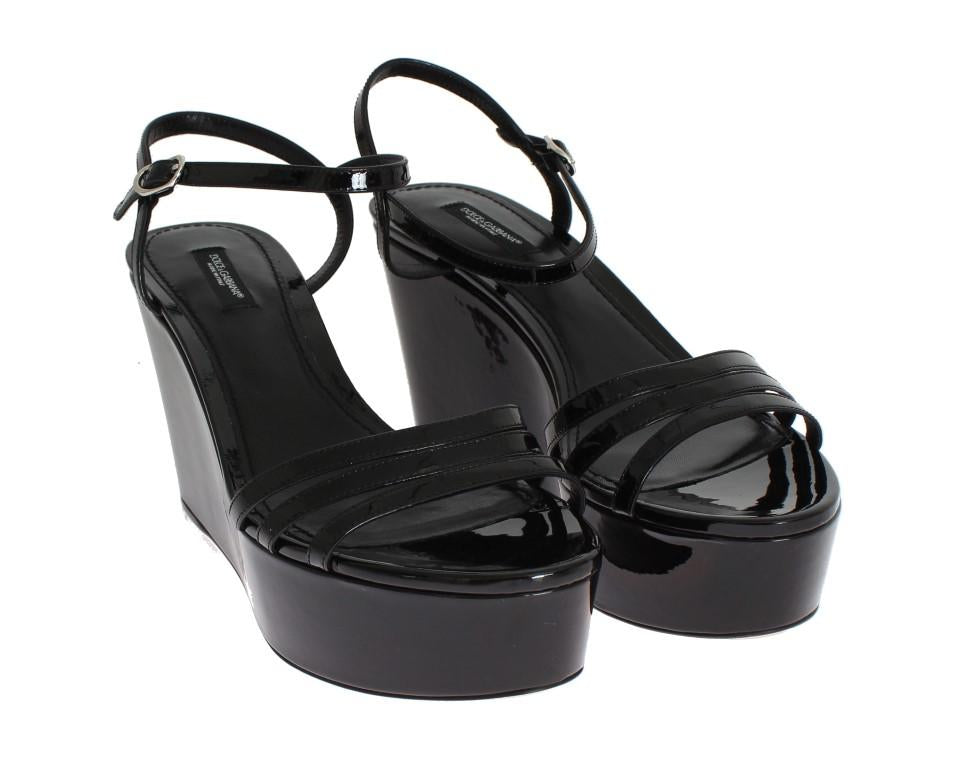 Black Leather Wedges Platform Sandals