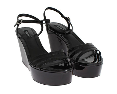 Black Leather Wedges Platform Sandals