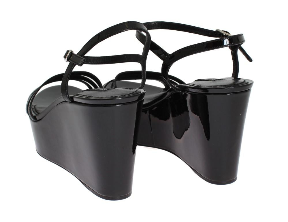 Black Leather Wedges Platform Sandals