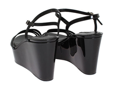 Black Leather Wedges Platform Sandals