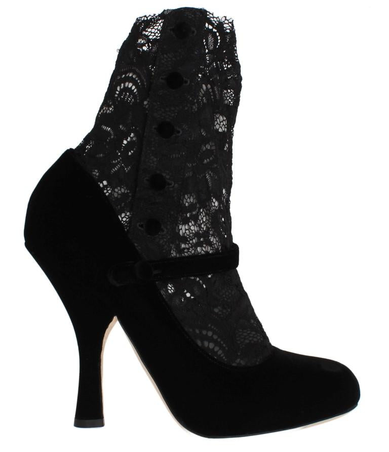 Black Velvet Floral Lace Mary Janes Pumps