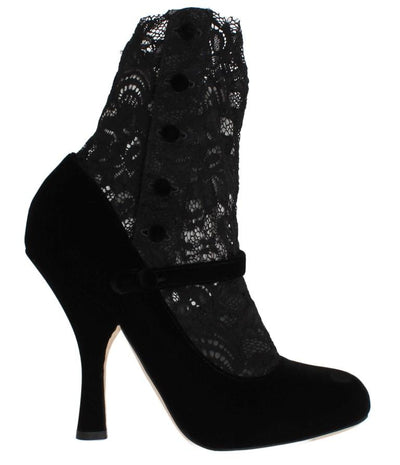 Black Velvet Floral Lace Mary Janes Pumps