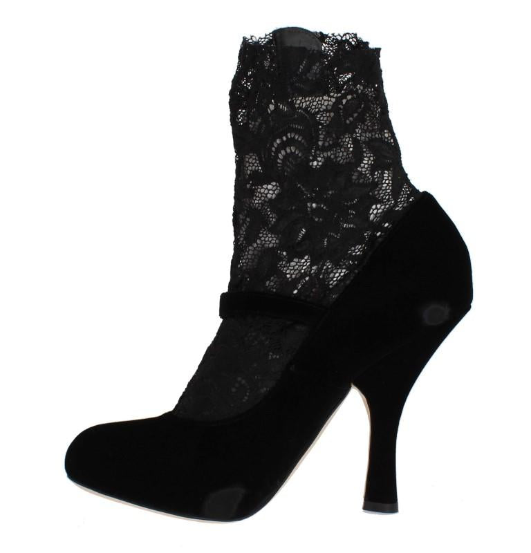 Black Velvet Floral Lace Mary Janes Pumps