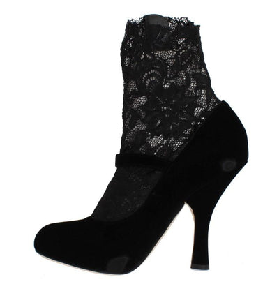 Black Velvet Floral Lace Mary Janes Pumps