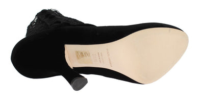Black Velvet Floral Lace Mary Janes Pumps