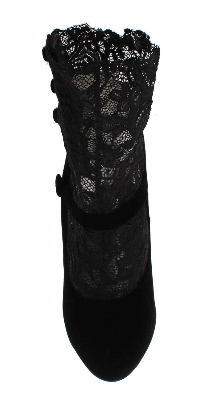 Black Velvet Floral Lace Mary Janes Pumps