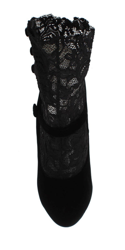 Black Velvet Floral Lace Mary Janes Pumps