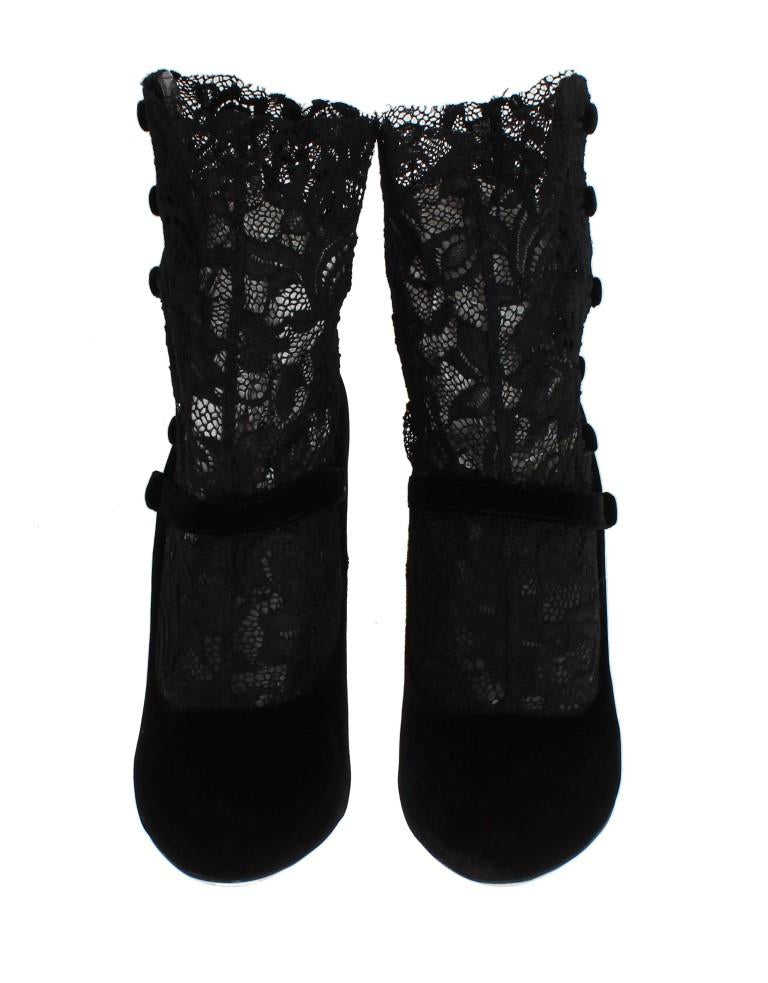 Black Velvet Floral Lace Mary Janes Pumps