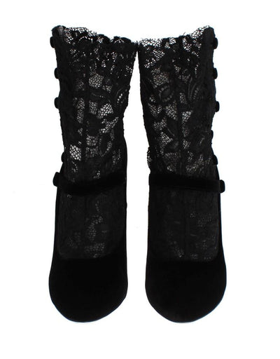 Black Velvet Floral Lace Mary Janes Pumps
